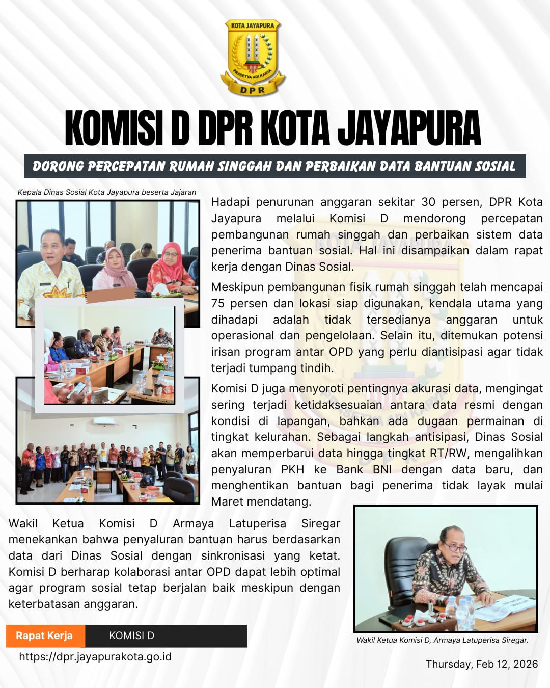 DPR Kota Jayapura Dorong Percepatan Rumah Singgah dan Perbaikan Data Bantuan Sosial